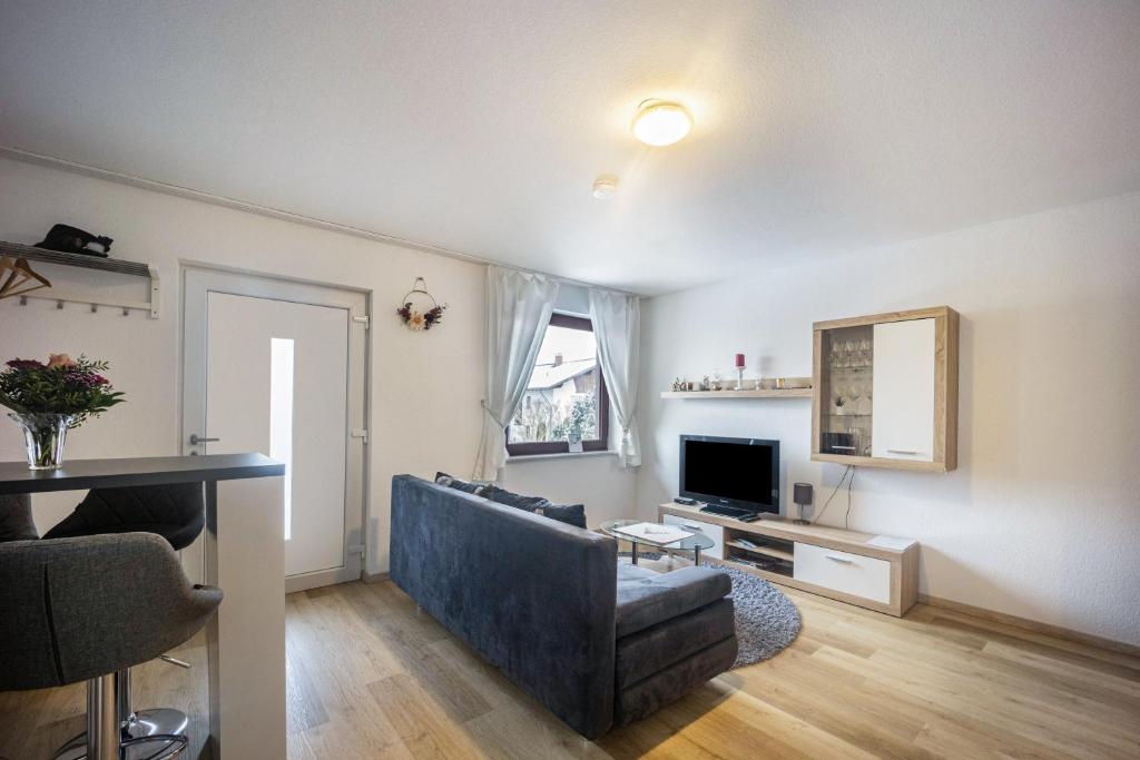 a living room with a couch and a television at Erkheim in Erkheim