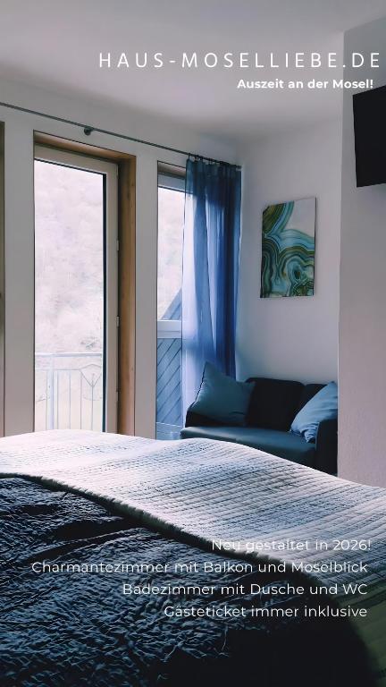 a bedroom with a bed and a large window at Haus Moselliebe charmant zimmer in Ediger-Eller