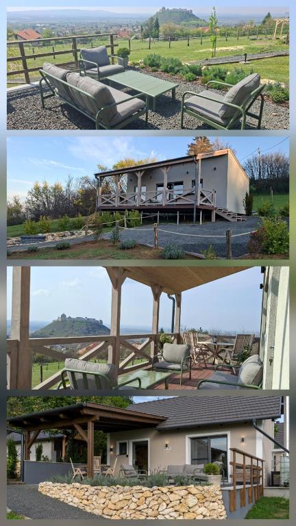 two pictures of a house with a bench and a table at Sümeg Horizon in Sümeg