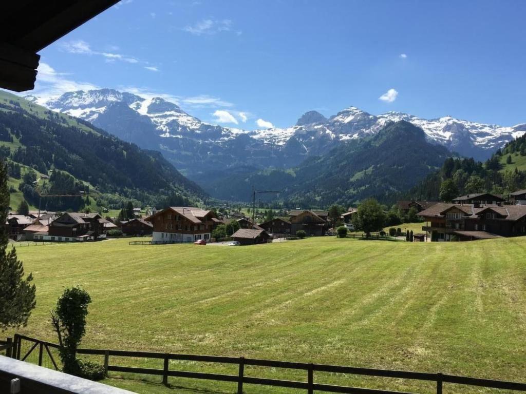a view of a field with mountains in the background at Apartment Chalet Steinbock by Interhome in Lenk