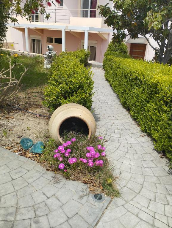 a bunch of pink flowers in the grass next to a building at Kos Dream Family Stay in Kos in Zipárion