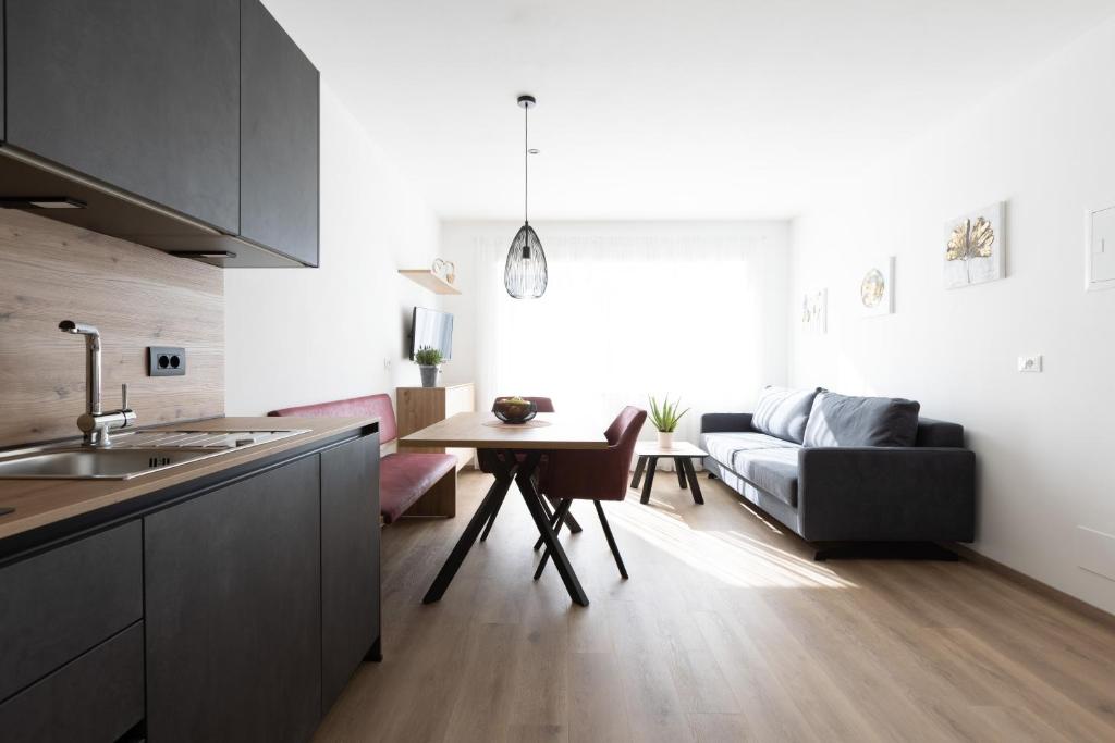 a kitchen and living room with a table and a couch at Kleon 3 in Rifiano