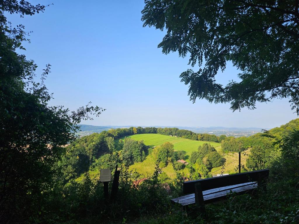a bench sitting on top of a hill with green hills at Ferienoase Weitblick in Rinteln