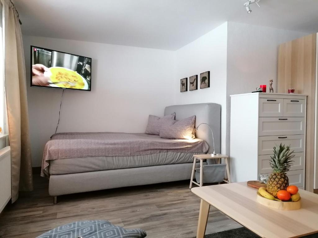 a bedroom with a bed and a tv on the wall at Auszeit Sauerland in Olsberg