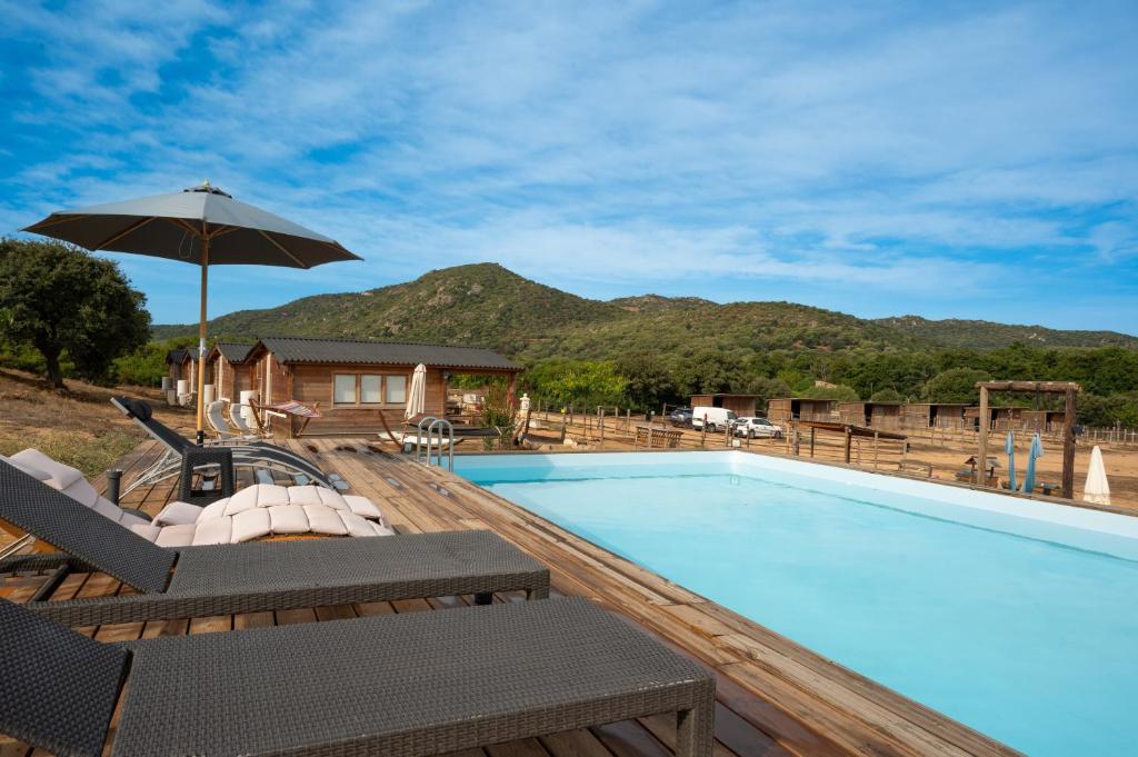 a swimming pool with chairs and an umbrella at Les Chalets De Tesa in Occhiatana