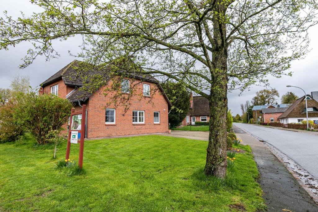 a red brick house with a tree in the grass at Ferienwohnung Anke Volkmann in Offenbüttel