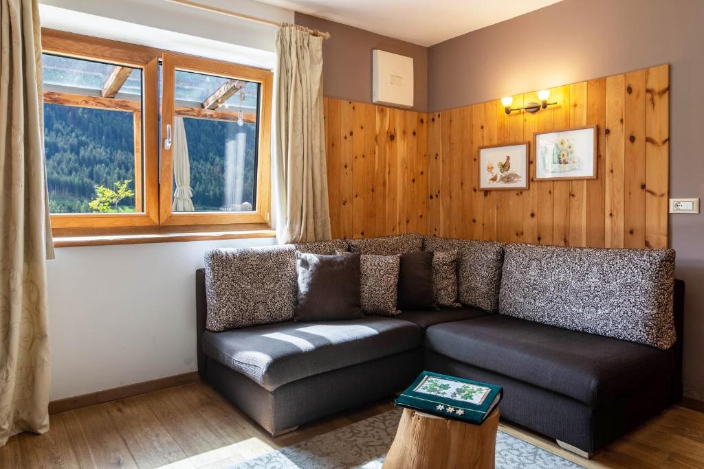 a living room with a couch and a window at La Plates App Domesdi in Ortisei