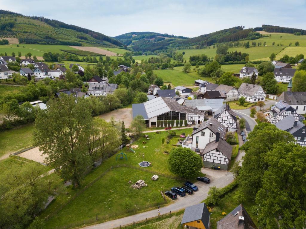 an aerial view of a village with houses and cars at Ferienhof Riekeshof in Schmallenberg