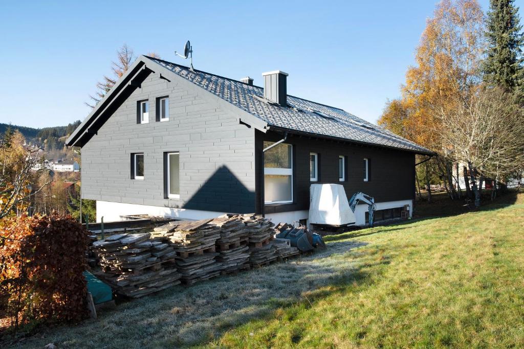 a house with a pile of logs in front of it at Waldglück Apartment in Feldberg