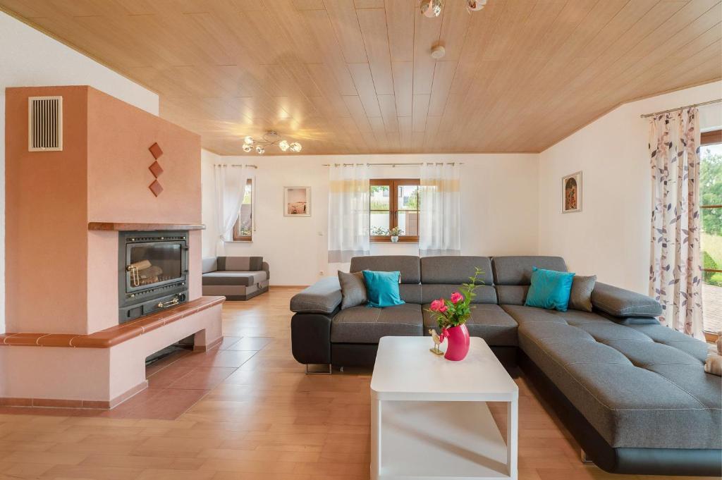 a living room with a couch and a fireplace at Fewo Lora in Blankenrath