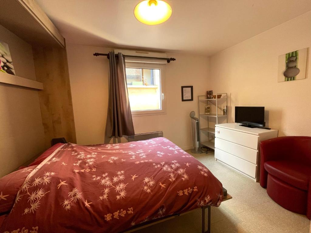 a bedroom with a bed and a desk and a window at Hyper centre, rue piétonne, calme in Dijon