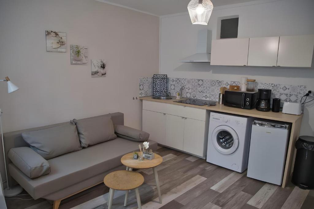 a small living room with a couch and a kitchen at App de caractère Centre Joigny Z1 in Joigny