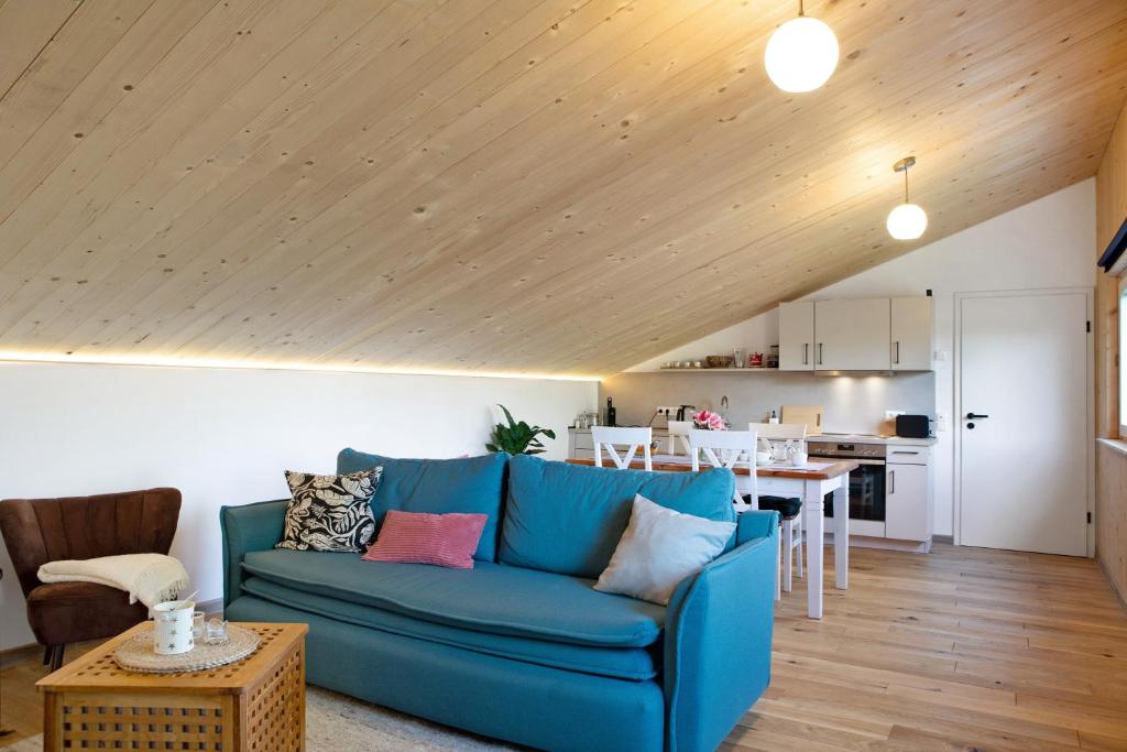 a living room with a blue couch and wooden ceilings at Refugium aus Vollholz in Schlitz