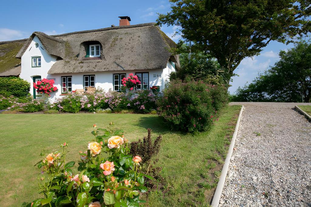 a white house with flowers in front of it at Ferienwohnungen Appelhus in Pellworm