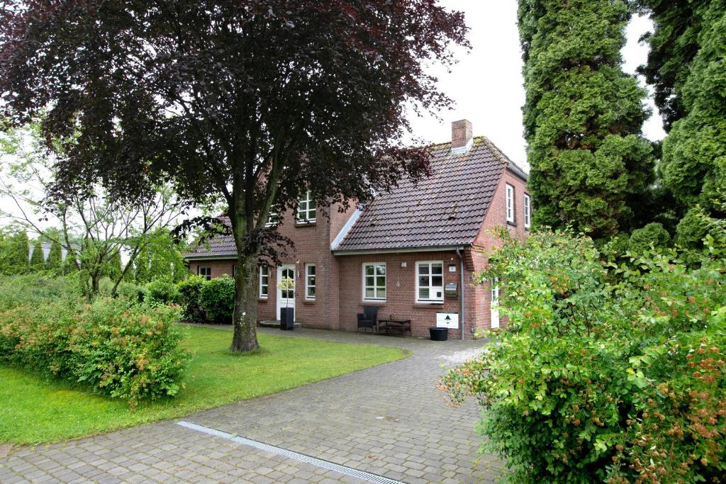 a red brick house with a tree and a driveway at Green Oasis Ferienwohnung in Treia