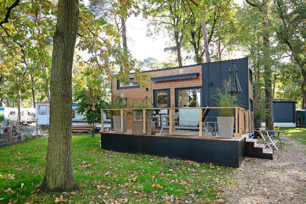 a tiny house sitting in the middle of a forest at Tiny House Nr 5 in Schwielowsee