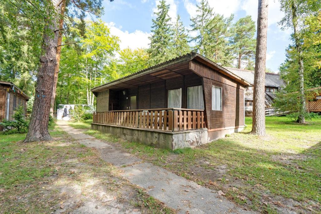 a small house with a porch in the woods at Bungalow 10 - Finnhütte in Niesky