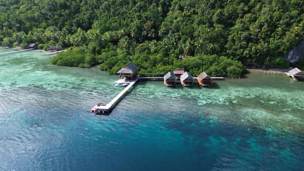 an aerial view of a resort in the water at Mantastic Scuba and Lodge in Pulau Mansuar