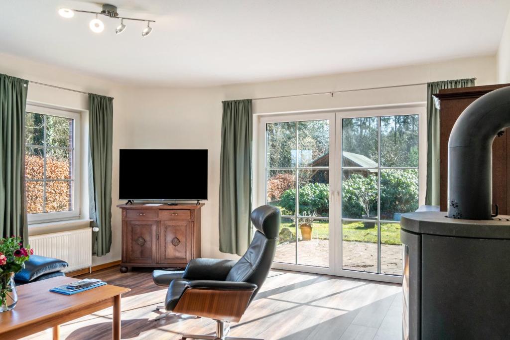 a living room with a fireplace and a television at Friesenwald in Zetel