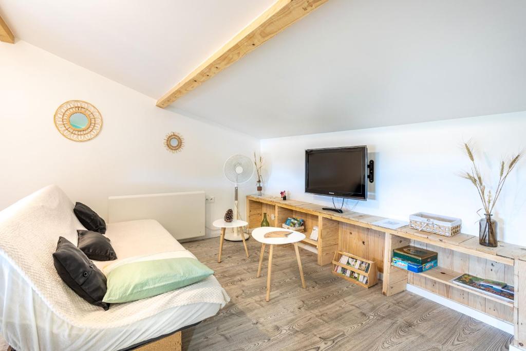 a living room with a couch and a tv at Studio proche Marais Poitevin in Oulmes