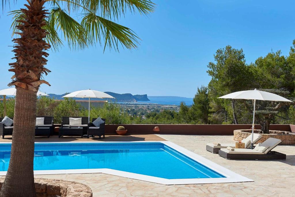 a swimming pool with a palm tree and chairs and umbrellas at Villa Arcadia in San Jose
