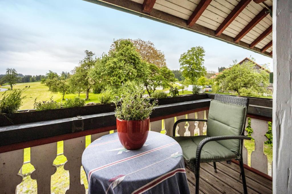 a table and chairs on a balcony with a plant at Klosterhof Eggenreute in Wangen im Allgäu