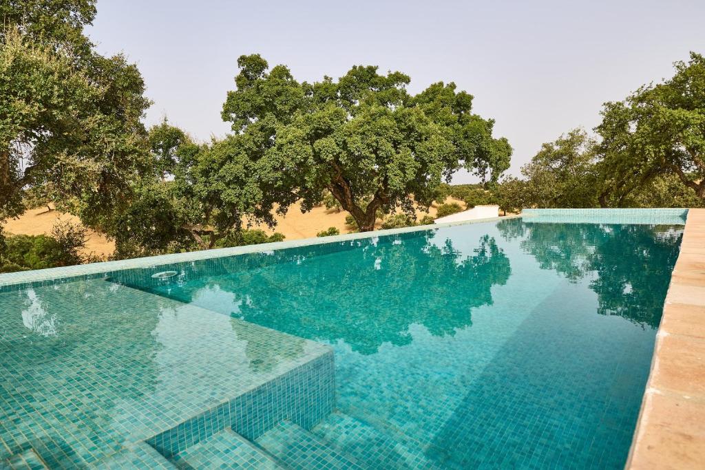 a blue swimming pool with trees in the background at Dehesa El Alcornocal in Posadas