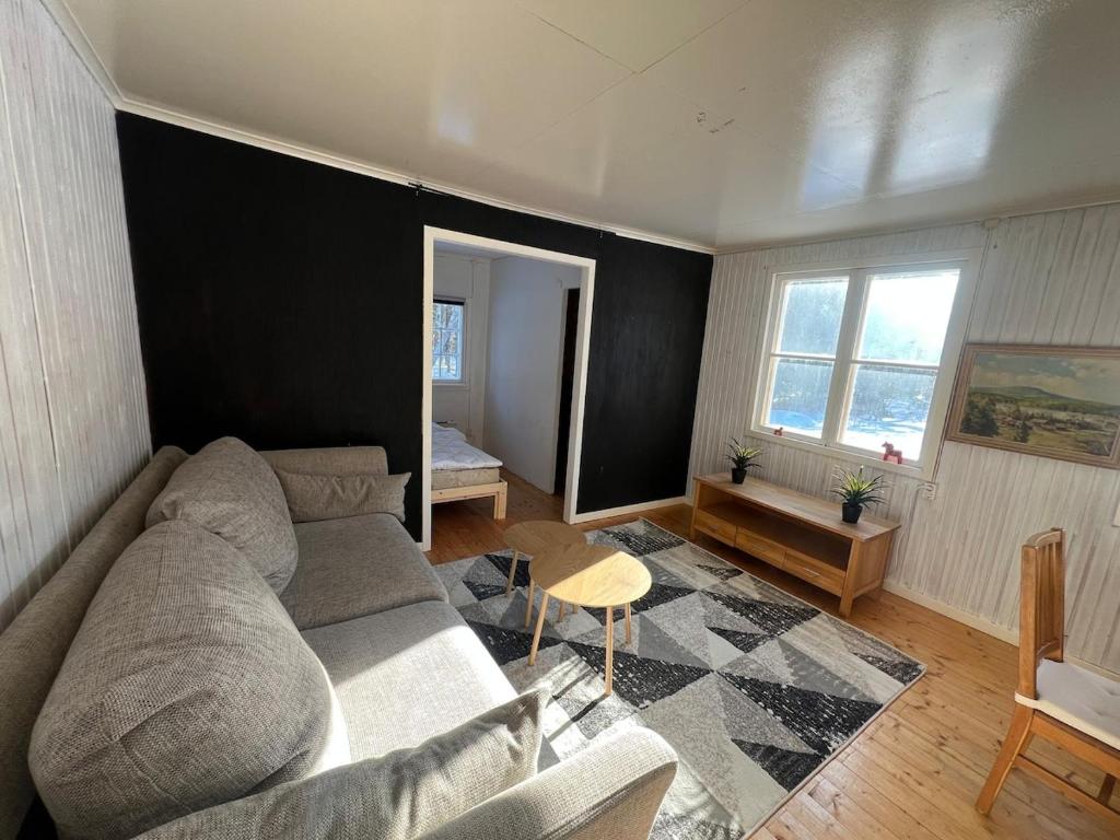 a living room with a couch and a table at Mysig Stuga in Sveg