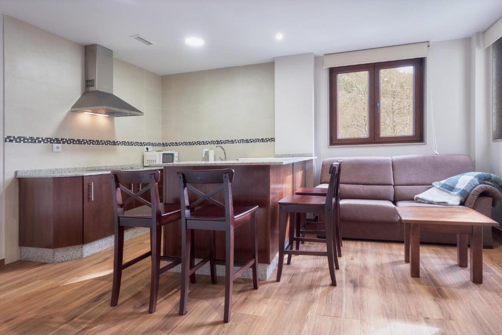 a kitchen and living room with a bar and a couch at Valle del Ibias - Primero Izquierda in Cecos
