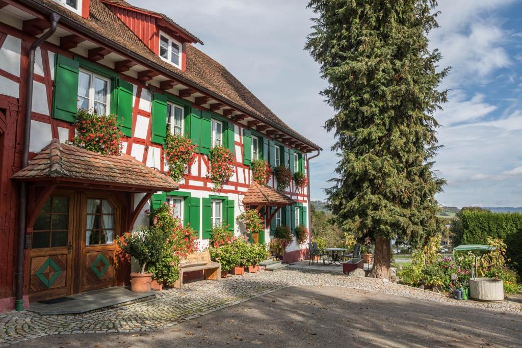 a building with green and white at Ferienwohnung Risthof 3 in Owingen