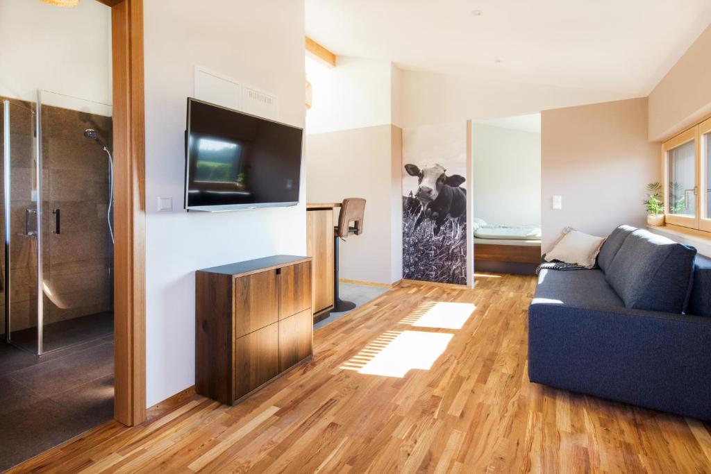 a living room with a couch and a tv at Ferienwohnung Elfriede in Neukirch
