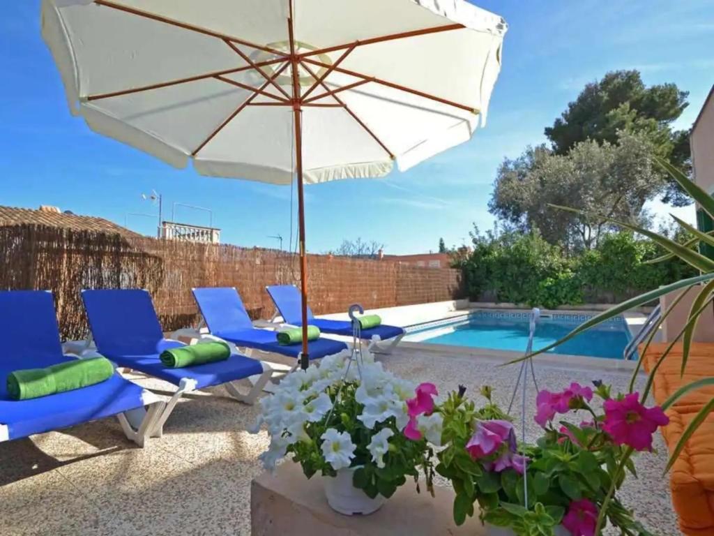 a patio with blue chairs and an umbrella and a pool at Benestar in El Toro