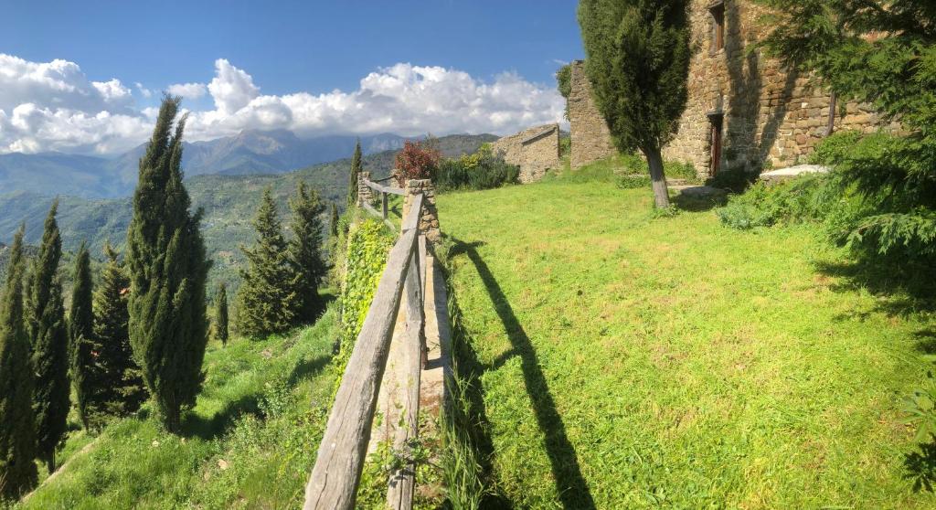 a wooden boardwalk in a field with trees and mountains at Lovers' Nest - Unità 1 in Baiardo