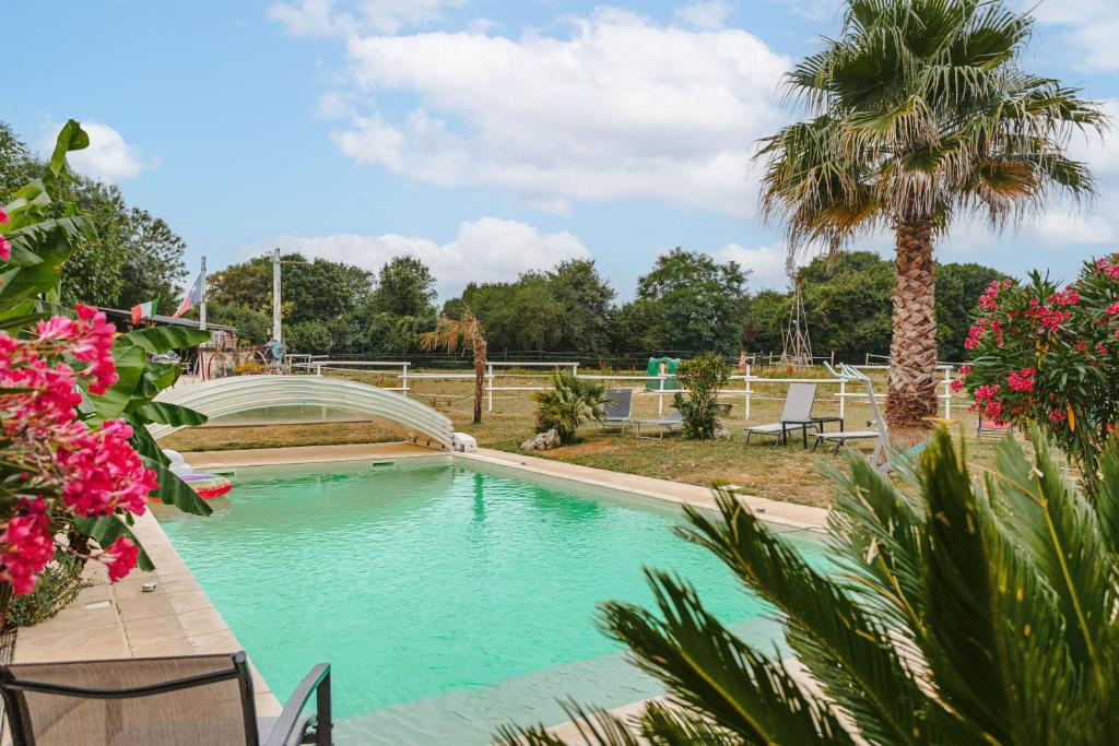 a swimming pool with a bridge and a palm tree at Charmant Gite Egaux De Chambon in Chambon