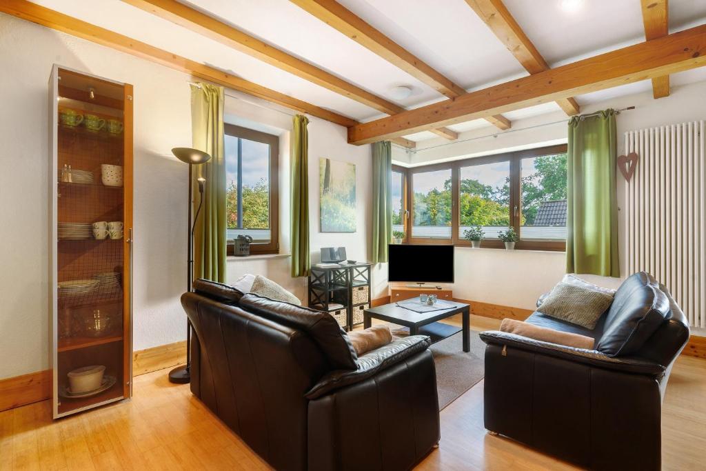 a living room with two leather chairs and a television at Ferienwohnung Quinkert in Eslohe