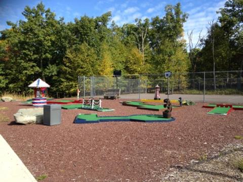 un parque infantil con un montón de equipos de juego en Eagle Village Resort & Chalet, en Bushkill