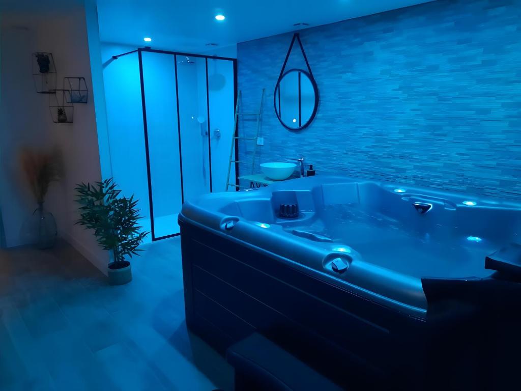 a blue bathroom with a tub and a sink at La Folie Romantique, Avec Spa in Sublaines