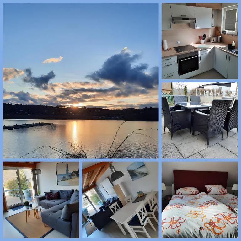 a collage of photos of a kitchen and a house at Yachthof Ferienwohnung, 60 m² in Scheid