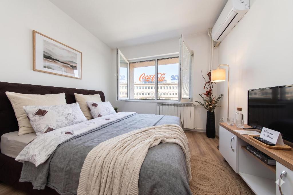 a bedroom with a large bed and a television at The Place FREE PARKING in Skopje