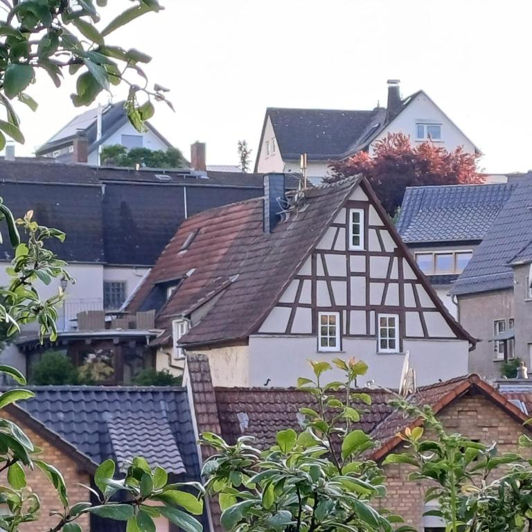 a white and black house with roofs at Auszeit Rheingauer Rosengarten in Geisenheim