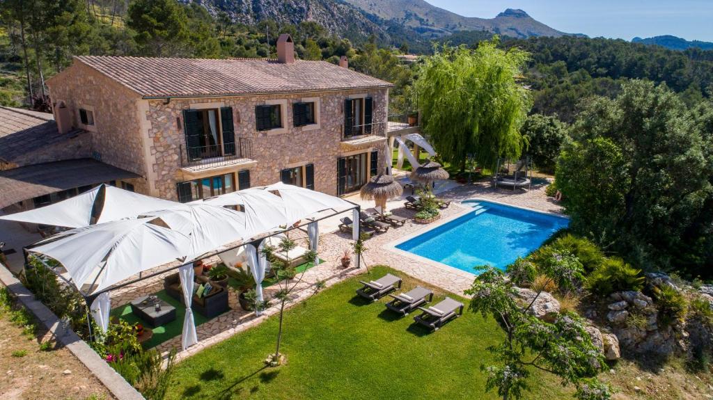 an aerial view of a house with a swimming pool at Finca Son Pol in Andratx