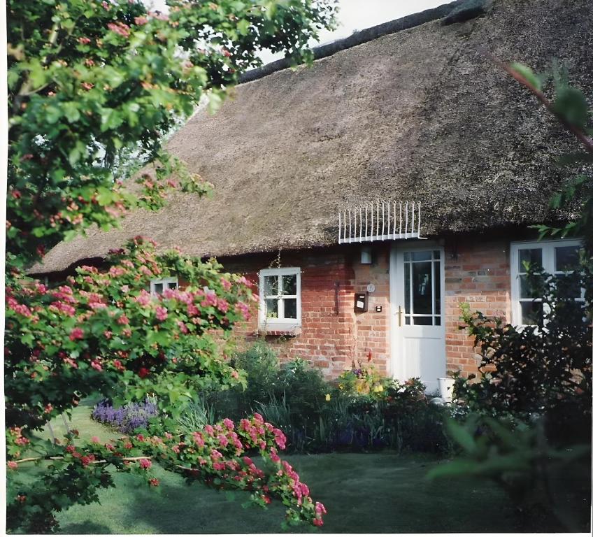 ein Backsteinhaus mit Strohdach und Blumen in der Unterkunft Friesenhaus Anke in Struckum
