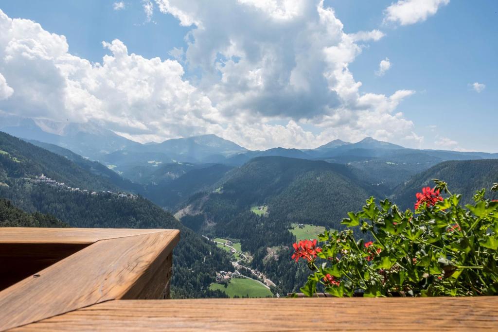 a view of a valley from a wooden deck with flowers at Gamperhof Apartment Latemar in Collepietra