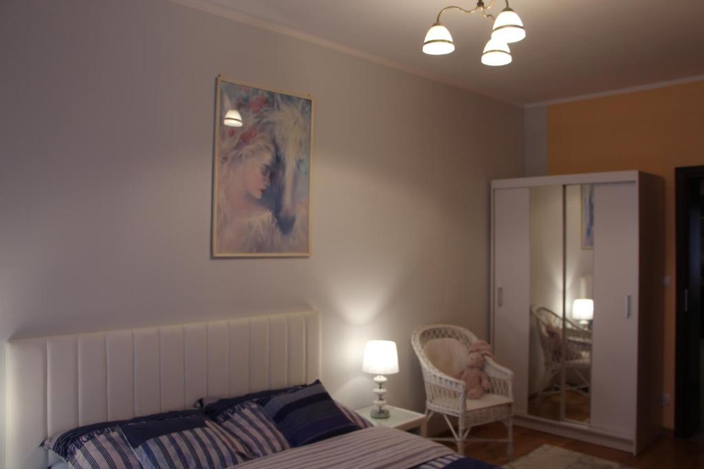 グダニスクにあるApartament Rajskaのベッドルーム1室(ベッド1台付)が備わります。壁に絵が飾られています。