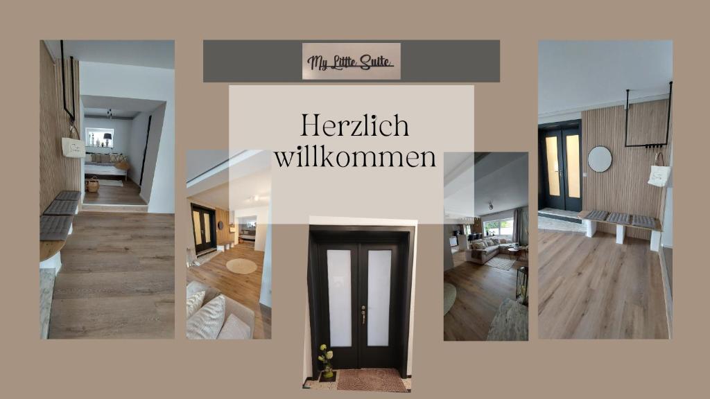 a collage of photos of a kitchen and a living room at My Little Suite in Illingen