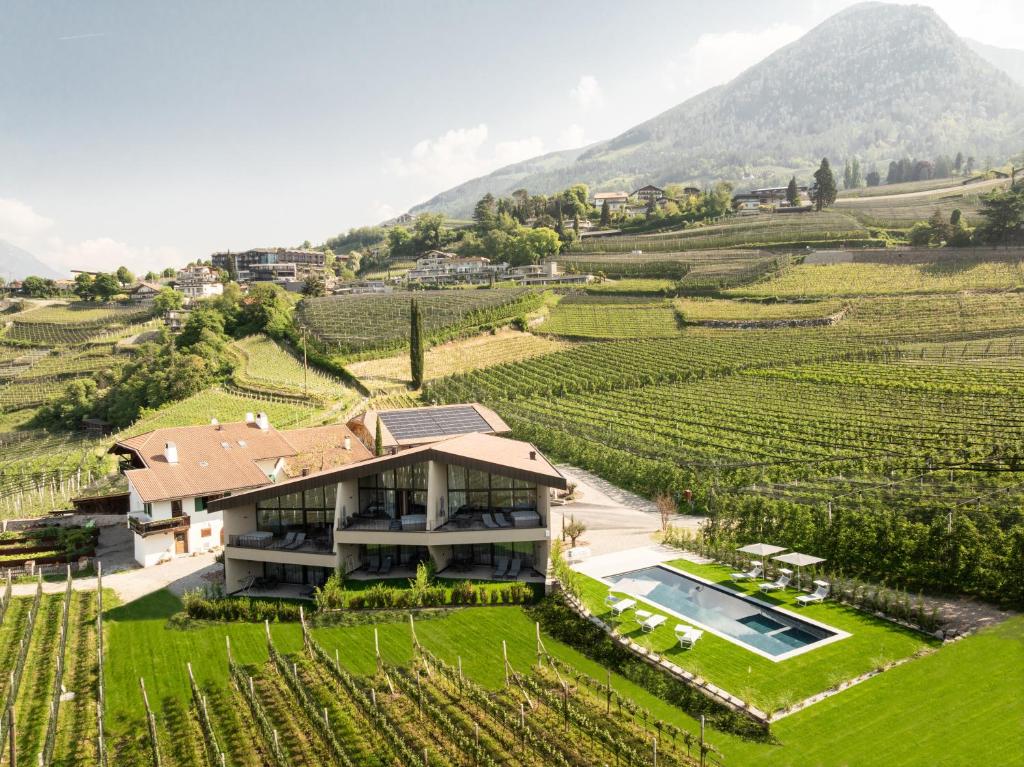 an aerial view of a house in a vineyard at Apartment Oberhaslerhof in Schenna