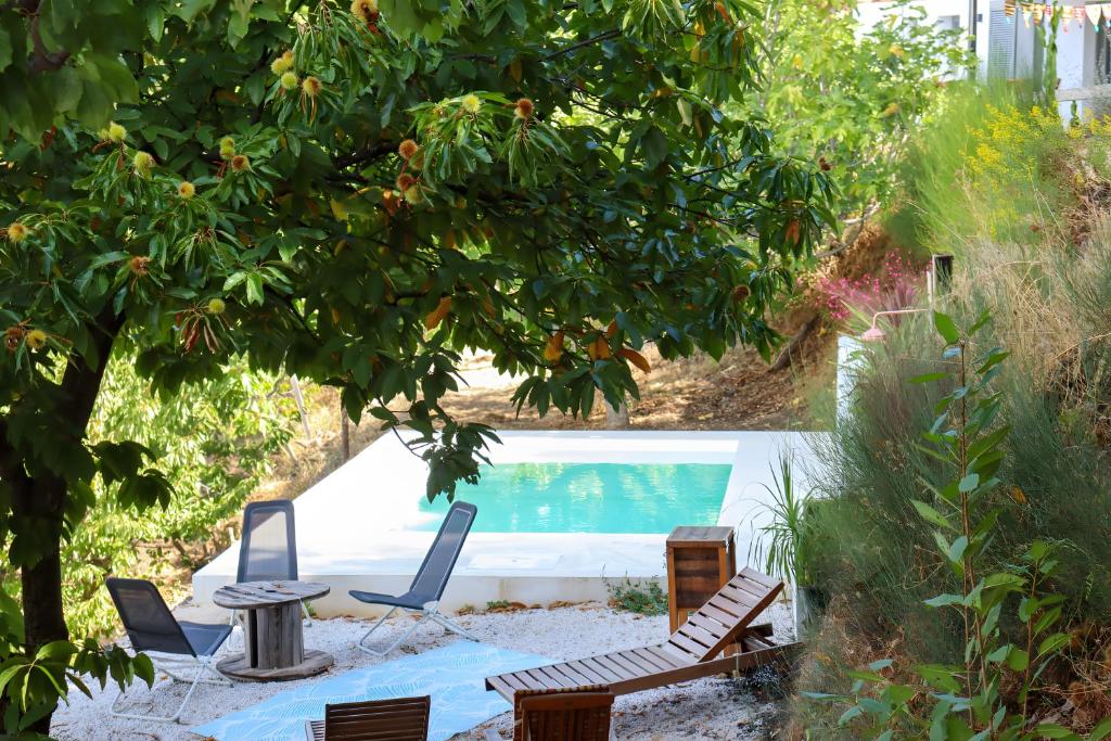 a pool with chairs and a table under a tree at Cabañas Entre Castaños in Jubrique