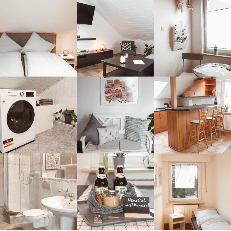 a collage of photos of a bedroom and a living room at Ferienwohnung Arnsberger Wald in Möhnesee