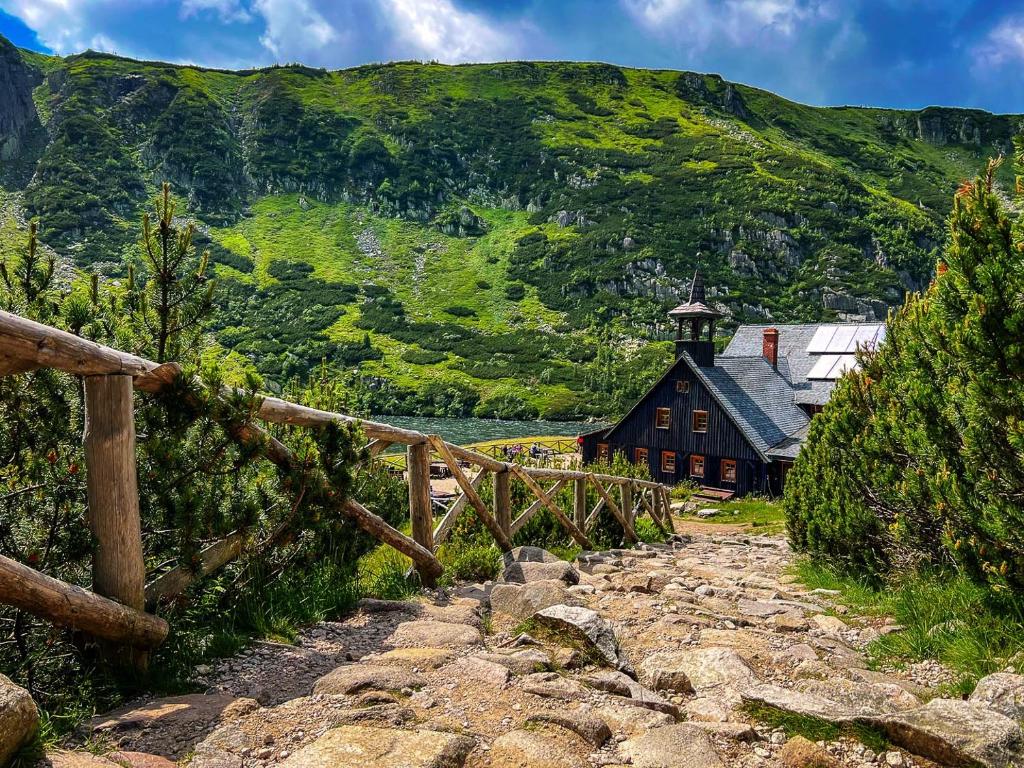Stone path and wooden railing leading to lakeside mountain hut beneath green slopes