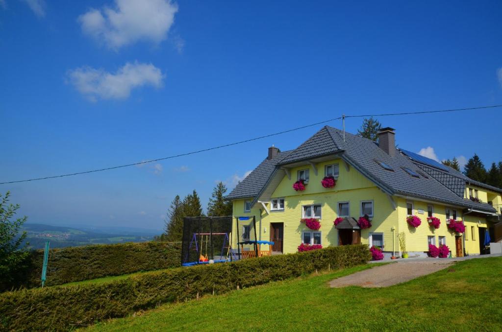a yellow house on the side of a hill at Bäuerleshütte in Breitnau